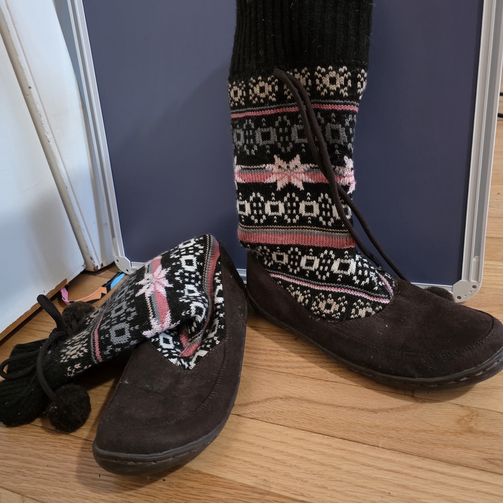 Brown and Pink Knit Boot Slippers with Pom Poms